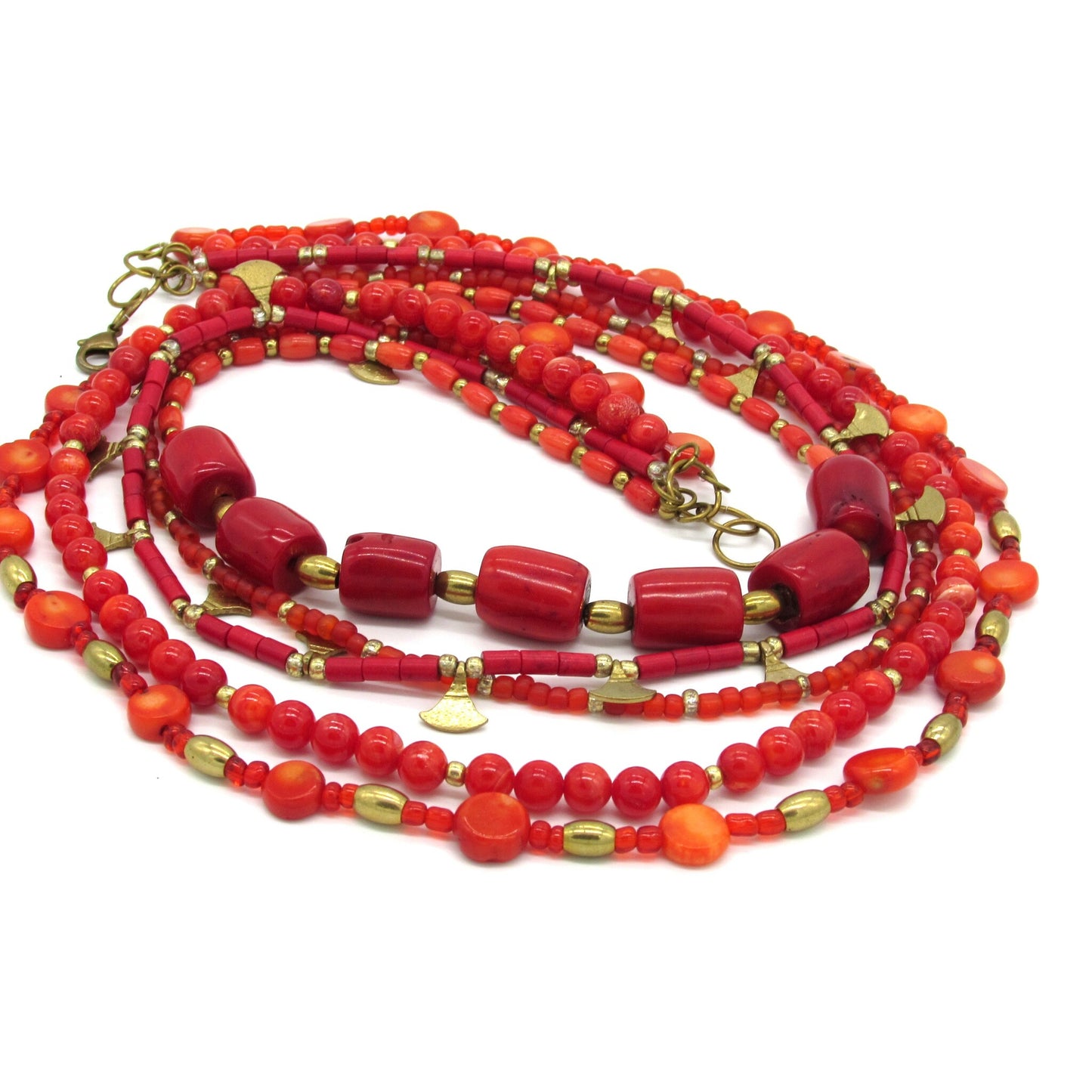 SUMPTUOUS RED CORAL 5 STRAND LAYERED NECKLACE