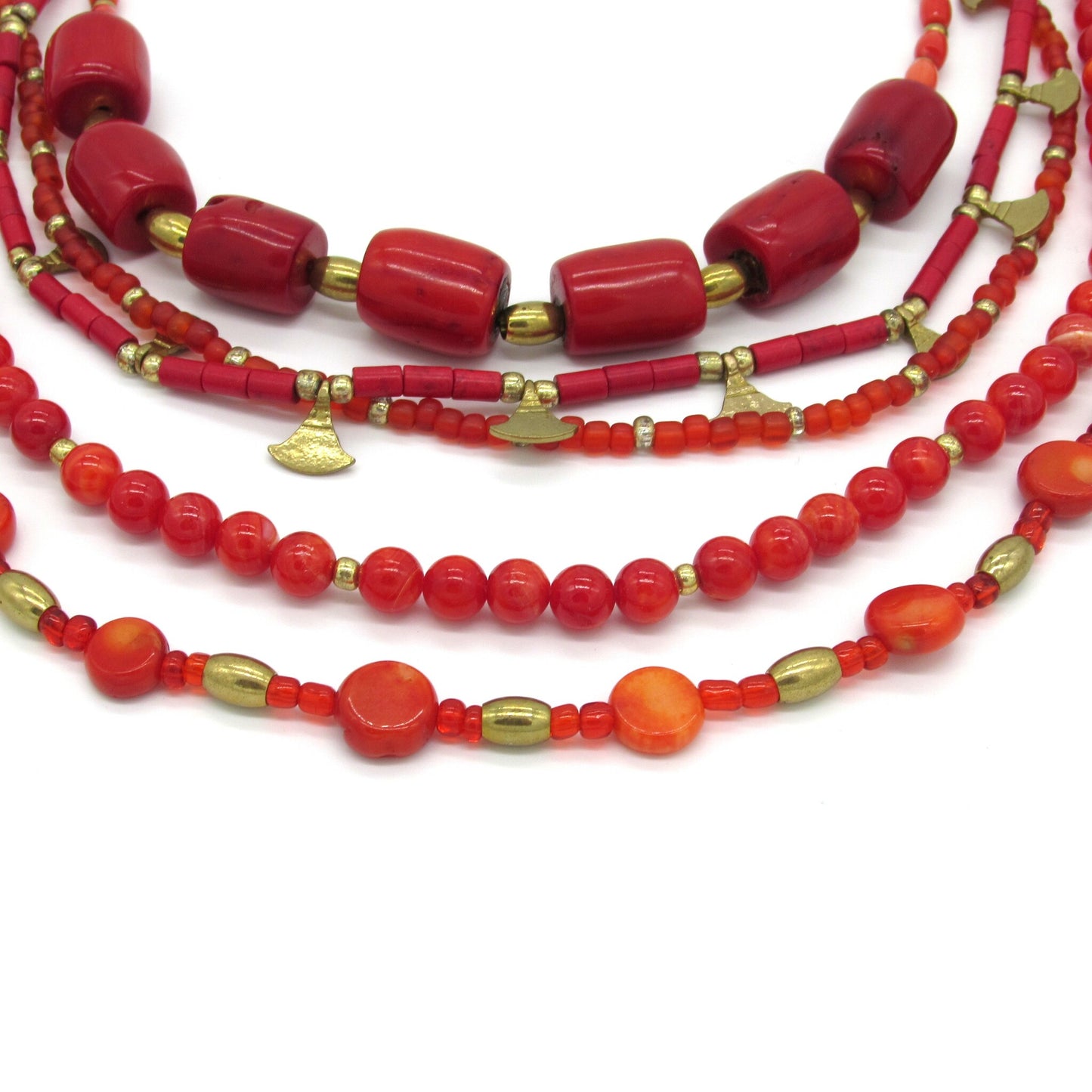 SUMPTUOUS RED CORAL 5 STRAND LAYERED NECKLACE