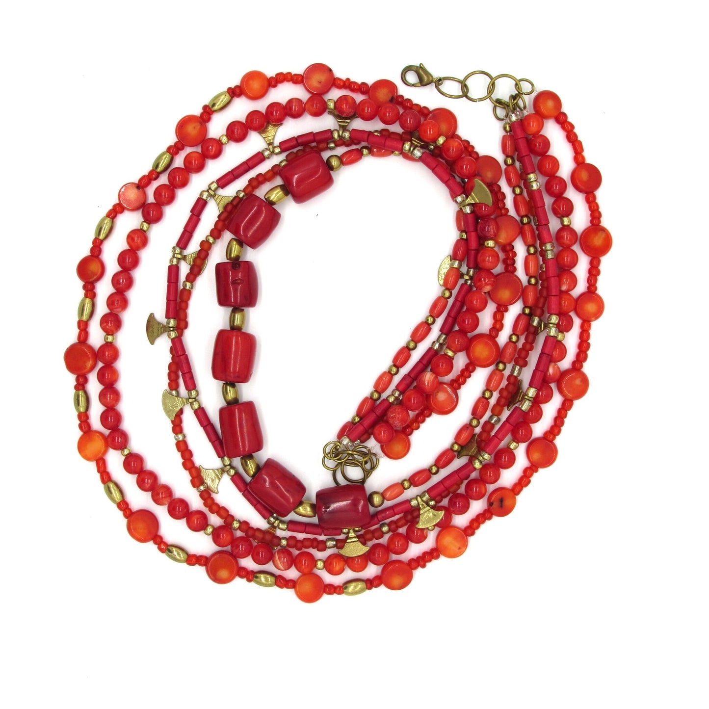 SUMPTUOUS RED CORAL 5 STRAND LAYERED NECKLACE