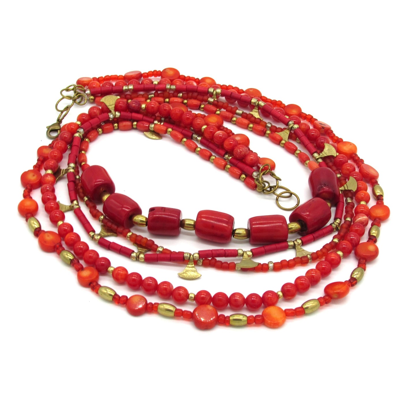 SUMPTUOUS RED CORAL 5 STRAND LAYERED NECKLACE